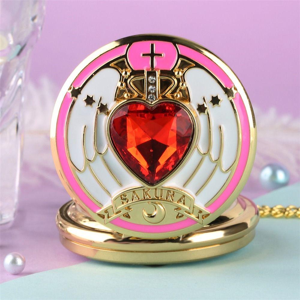 Fashionhubz SAILOR MOON นาฬิกาพ็อกเก็ตสไตล์ญี่ปุ่นแบบพกพา Sweet CARDCAPTOR SAKURA Star Wings คริสตัล Key Shape สร้อยคอนาฬิกา