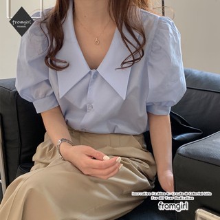 เสื้อเชิ้ตแขนสั้น คอวี แขนพัฟน่ารัก สไตล์เกาหลี สําหรับผู้หญิง