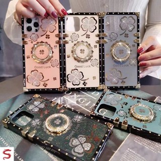 เคสโทรศัพท์มือถือ ทรงสี่เหลี่ยม ลายใบโคลเวอร์สี่แฉก ประดับเพชร หรูหรา สําหรับ Samsung A73 5G A72 A71 A53 A52 A53s A51 A42 A33 A32 A13 A22 A14