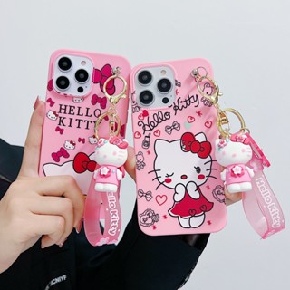 SANRIO เคสโทรศัพท์มือถือ ลายการ์ตูนคิตตี้น่ารัก พร้อมจี้เชือกสั้น สําหรับ iPhone 14 13 12 11 Pro MAX Xs X XR 8 7 6 6s Plus SE 2020