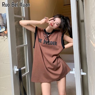 RUO BEI XAUN Wเสื้อยืดสตรีเกาหลีแขนกุดคอกลมพิมพ์อักษรแขนกุดด้านบน