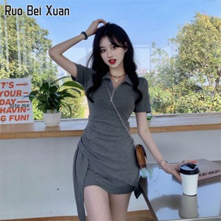 RUO BEI XUAN เดรสผู้หญิง 2023 ใหม่ คอโปโล เดรสเข้ารูปไม่สม่ำเสมอ