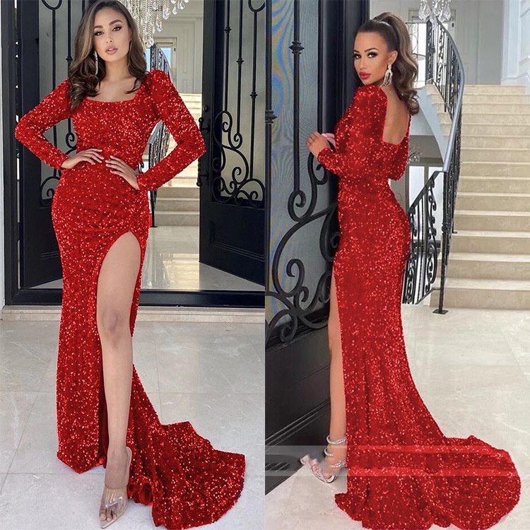 Mermaid ชุดราตรีสําหรับผู้หญิง Glittery Sequins Party Gowns แขนยาวชุดราตรีเซ็กซี่ด้านข้าง Slit ค็อกเ