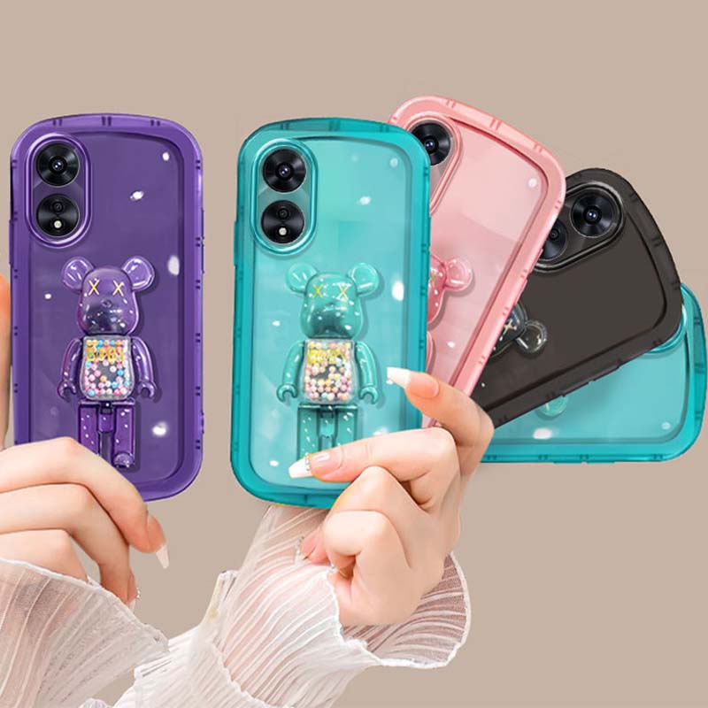 เคส OPPO A98 A78 A77 5G เคส OPPO A38 A18 A58 A78 A57 A77S 4G เคส OPPO A76 A96 A17 A17K เคสใส กันกระแทก เคสเยลลี่ พร้อมตัวป้องกันเลนส์กล้อง Bearbrick ที่วางโทรศัพท์ ขาตั้งโทรศัพท์