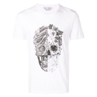 แขนสั้นโอเวอร์ไซส์Alexander McQueen McQueen เสื้อยืดลําลอง ผ้าฝ้าย แขนสั้น พิมพ์ลายโลโก้หัวกะโหลก แฟชั่นฤดูใบไม้ผลิ ฤดูร