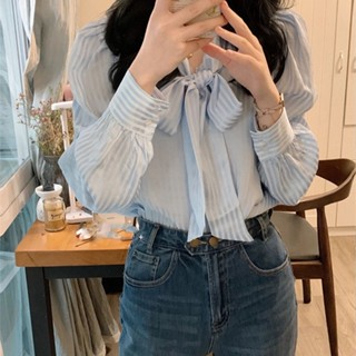 C&amp;m เสื้อเชิ้ตลายทางแนวตั้ง สีฟ้าอ่อน สไตล์หรูหรา สําหรับผู้หญิง