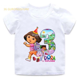 เสื้อยืด พิมพ์ลายการ์ตูน Dora the Explorer กราฟฟิค เหมาะกับของขวัญวันเกิด สําหรับเด็กผู้หญิง และเด็กผู้ชาย 2 3 4 5 6 7 8