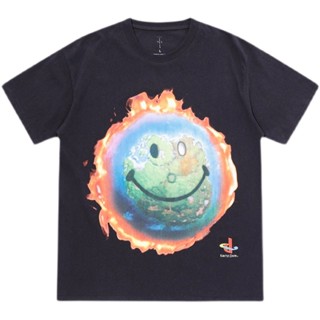 Travis Scott Flame Smiley Earth เสื้อยืดแขนสั้นลําลอง คอกลม ผ้าฝ้าย ทรงหลวม พิมพ์ลาย สําหรับผู้ชาย และผู้หญิง