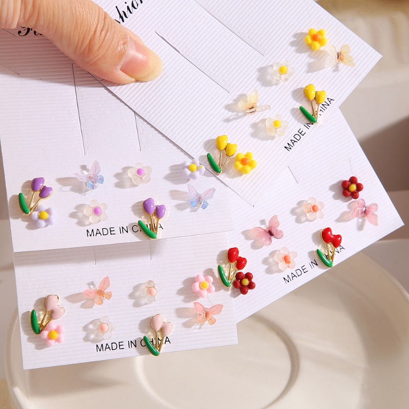 8 ชิ้น / เซต หวาน อารมณ์ ดอกไม้ ต่างหูสตั๊ด / ผู้หญิง ที่เรียบง่าย สีสัน ดอกทิวลิป ผีเสื้อ ต่างหูสตั๊ด