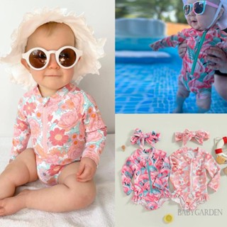 Babygarden-6m-3y ชุดว่ายน้ําวันพีช แขนยาว พิมพ์ลายฟลามิงโก้ ดอกไม้ มีซิป + ที่คาดผม สําหรับเด็กผู้หญิง