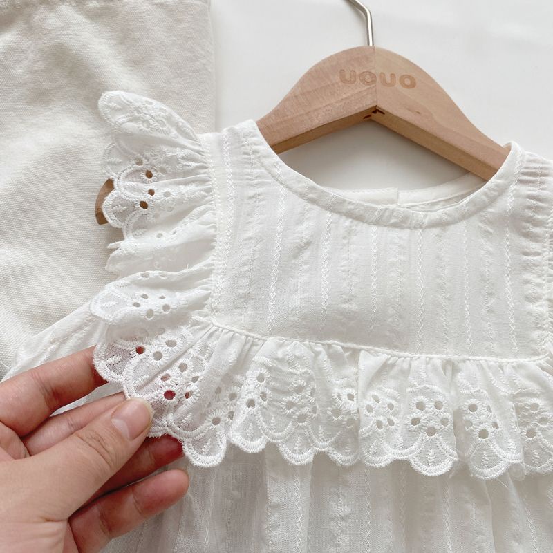 เสื้อแขนกุด ผ้าฝ้าย 100% แต่งลูกไม้ สีขาว ใส่สบาย สําหรับเด็กผู้หญิง อายุ 0-5 ปี - รูปที่ 2