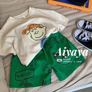 Aiyaya ชุดเด็กผู้ชาย เสื้อผ้าเด็กผู้ชาย เกาหลี boy เสื้อยืดแขนสั้นลายการ์ตูนกราฟฟิค+กางเกงขาสั้นชุดเซ็ท 2 ชิ้น（542）