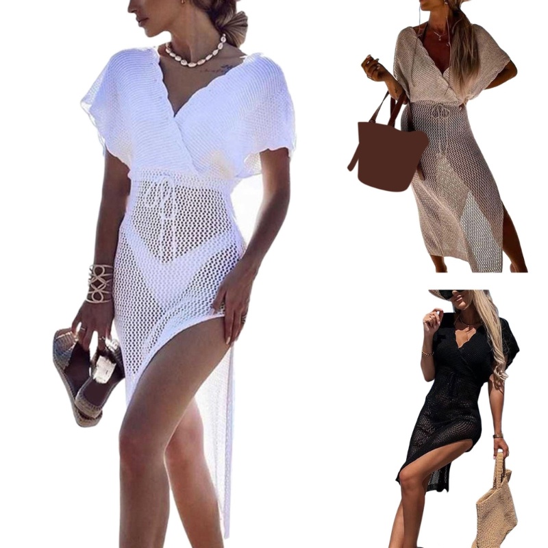 Zzz Womens V คอชุดว่ายน้ําเสื้อ Cover-ups Hollow-Out Lacing Tunic Beachwear Dress