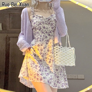 RUO BEI XUAN เดรสลายดอกไม้ผู้หญิง 2023 ใหม่เดรสแขนกุดสายเดี่ยวเอว