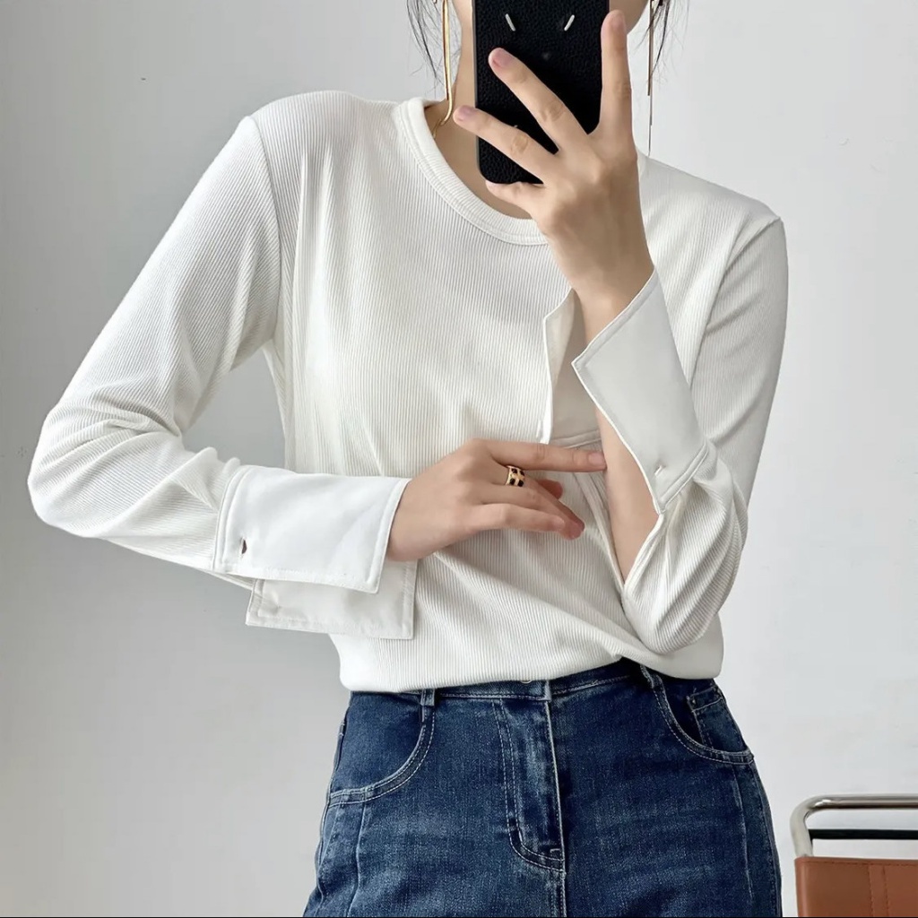 Dahong VEE Fashion Design All-Match Style Round Neck Stitching Top Shirt Sleeve T-Shirt Bottoming Sh