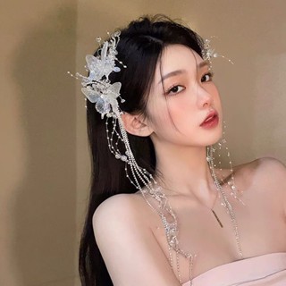 ทําด้วยมือผีเสื้อขอบมุก hairpins, เจ้าสาวแต่งงาน tiara, Mori คริสตัลผมด้านข้าง