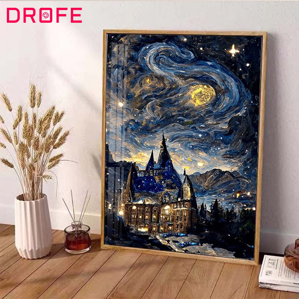 Drofe 【30*40 & 40*50 ซม. พร้อมกรอบ】ภาพวาดสีน้ํามัน ตามตัวเลข รูปปราสาท ดวงดาว ท้องฟ้ากลางคืน DIY