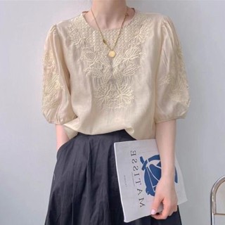 Embroidered Short Sleeve Blouse Womens Tops European Station Fashion Puff Sleeve Blouses