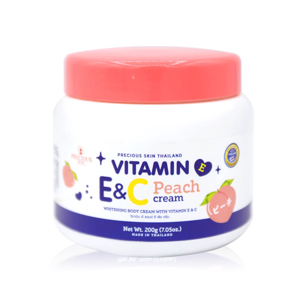 Precious Skin Thailand Vitamin E&C Peach Cream 200g เพรชเชิส ครีมบำรุงผิวกายสูตรเพื่อผิวขาวใส.