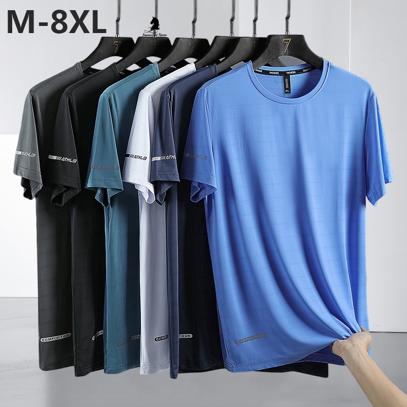 M-8XL ผู้ชายผ้าไหมน้ําแข็ง Quick-Drying ขนาดใหญ่เสื้อยืดลําลองกลางแจ้ง Breathable แขนสั้นกีฬา Top