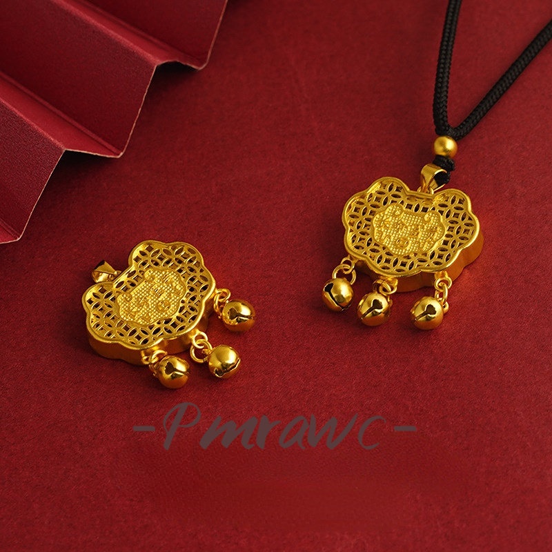 Pmrwc | Au999 สไตล์ Ruyi Heart Lock สร้อยคอผู้หญิง 3D Hard Gold Bell จี้ FS217