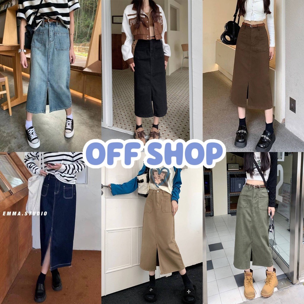 OFF SHOP พร้อมส่ง (OFF-008) กางกระโปรงยีนส์ เอวสูง กระโปรงยาว (แถมเข็มขัด) ทรงเท่กระเป๋าหน้าเก๋  -NZ