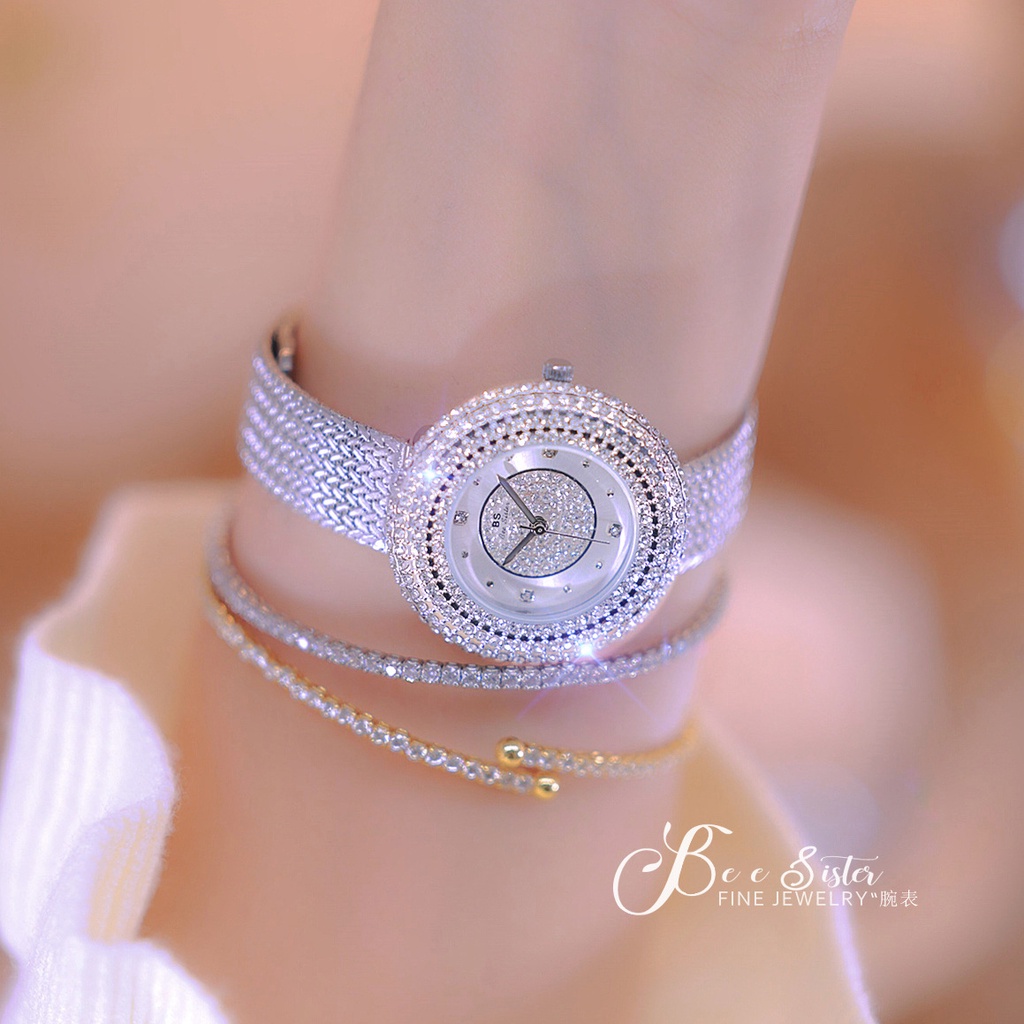 Bs Bee Sister นาฬิกาข้อมือควอตซ์แฟชั่น สายแสตนเลส ประดับเพชรเทียม กันน้ํา หรูหรา ของขวัญวาเลนไทน์ สําหรับผู้หญิง
