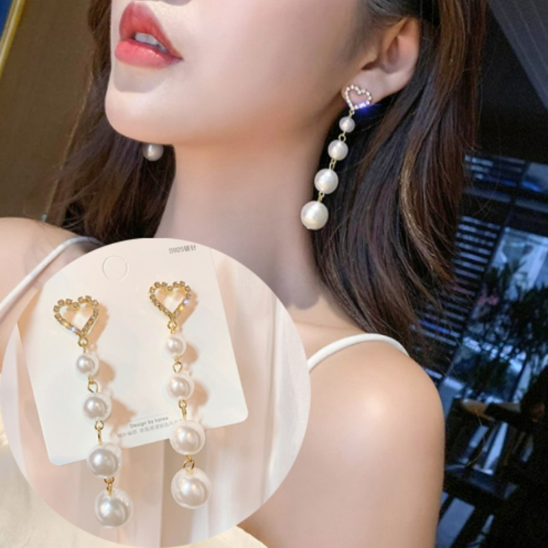 เครื่องประดับ ต่างหูระย้า ประดับเพทาย รูปหัวใจ และไข่มุก เหมาะกับของขวัญวันเกิด สไตล์เกาหลี สําหรับผู้หญิง