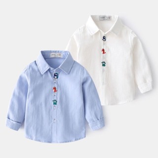 พร้อมส่ง เสื้อเชิ้ตแขนยาว ผ้าฝ้าย แบบบาง ลายการ์ตูนไดโนเสาร์ แฟชั่นฤดูใบไม้ผลิ สําหรับเด็กผู้ชาย