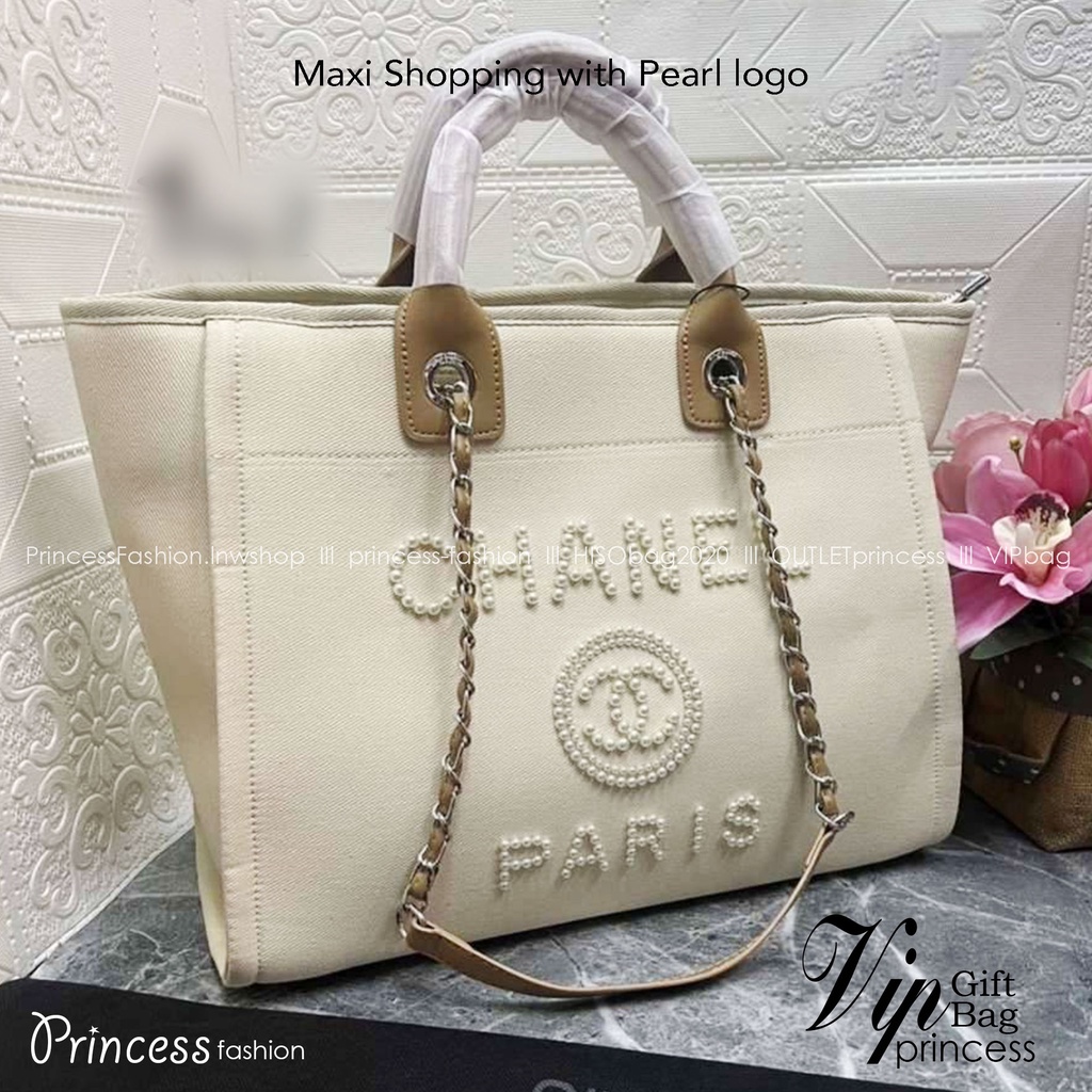 CHANEL Maxi Shopping with Pearl logo / CHANEL DEAUVILLE TOTE / Chanel tote bag หน้าโลโก้ติดหมุดแน่นๆ กระเป๋าทรงโท้ท