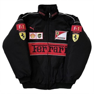 F1 เสื้อแจ็กเก็ตแขนยาว ผ้าฝ้าย ปักลาย Ferrari Team สีดํา แฟชั่นฤดูใบไม้ร่วง และฤดูหนาว สไตล์เรโทร สําหรับแข่งรถจักรยานยนต์