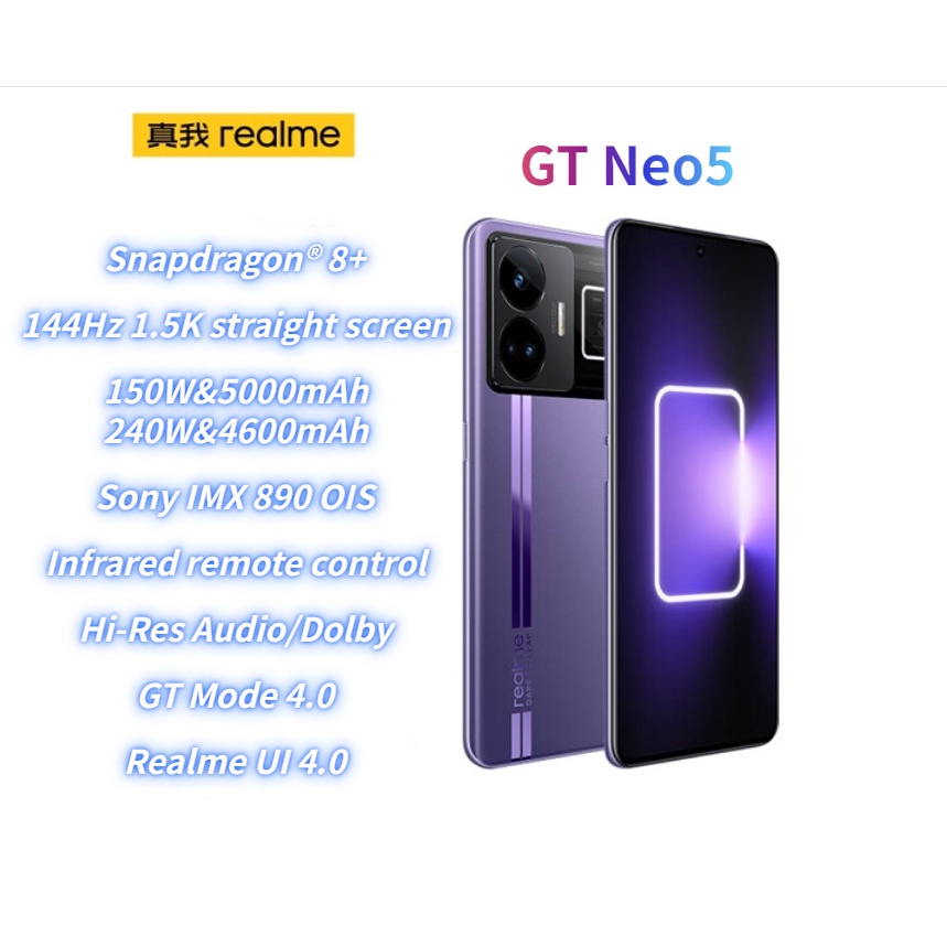 ใหม่ ที่ชาร์จแบตเตอรี่ หน้าจอตรง ขนาดใหญ่ 144Hz 1.5K Snapdragon 8+ 5G core 5G 5000 mAh สําหรับ Realme GT Neo5 150W 240W