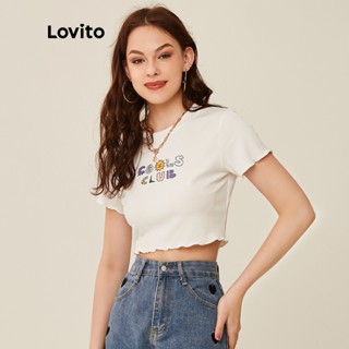 (เซเลปเลือก)Lovito เสื้อครอปท็อป ผ้าถัก พิมพ์ลายกราฟฟิค ลําลอง