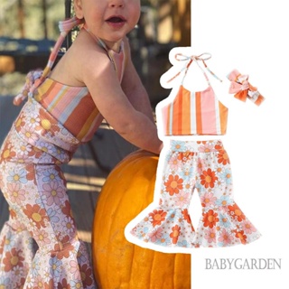 Babygarden-6m-5y ชุดเสื้อผ้าเด็กผู้หญิง แขนกุด คอแขวน พิมพ์ลาย + กางเกงขากระดิ่ง + ที่คาดผม