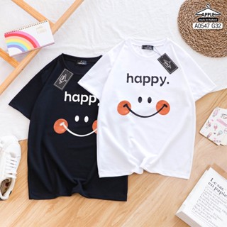 เสื้อคู่Happy (ขายคู่ได้2ตัว)  (ฟรีไซส์ S M ใส่ได้ L คือแน่นมากก) ป้ายแอปเปิ้ล เสื้อคู่รัก เสื้อคู่ เสื้อยืด