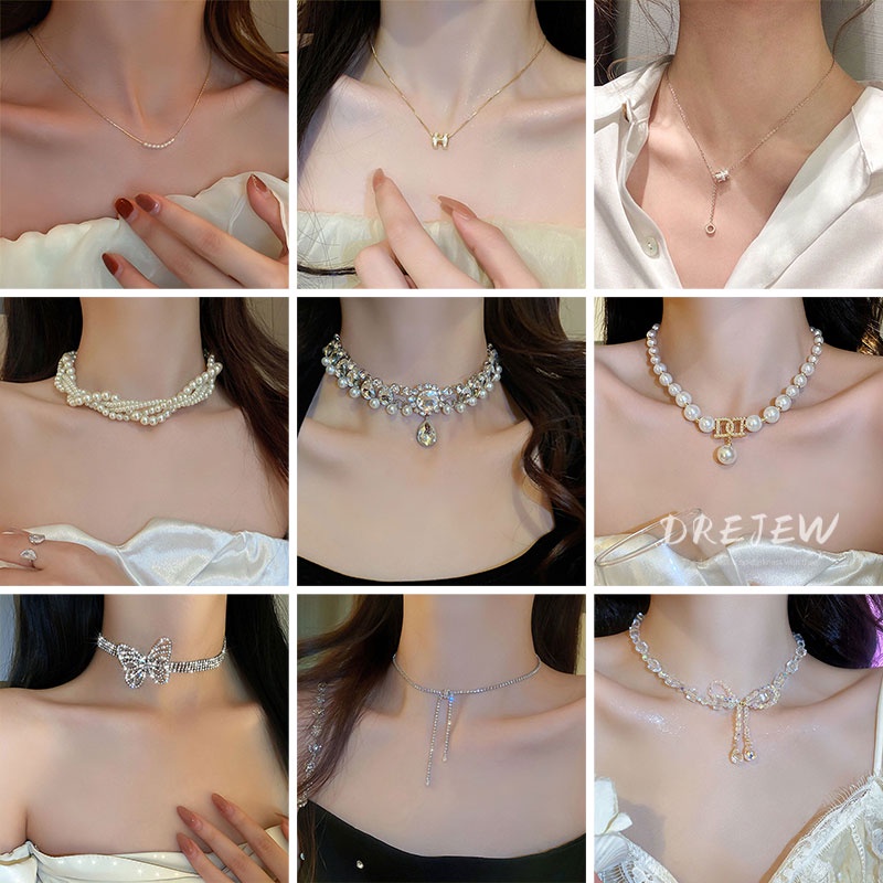 Dreejew สร้อยคอมุกเพชรเกาหลีหรูหราออกแบบสร้อยคอระดับไฮเอนด์สร้อยคอที่ไม่ซ้ําใคร