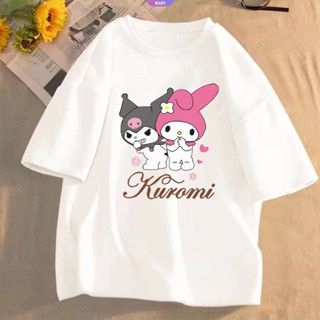 เสื้อยืดแขนสั้นลําลอง ผ้าฝ้าย แบบบาง ทรงหลวม พิมพ์ลายการ์ตูนอนิเมะ Sanrio Kuromi My Melody แฟชั่นฤดูร้อน สไตล์ญี่ปุ่น สําหรับเด็กผู้หญิง [RAIN]