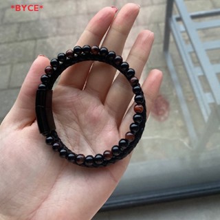 Byce&gt; สร้อยข้อมือหินธรรมชาติ หนังแท้ถัก สร้อยข้อมือสเตนเลส สีดํา เข็มกลัดแม่เหล็ก ตาเสือ กําไลลูกปัด เครื่องประดับผู้ชาย ใหม่