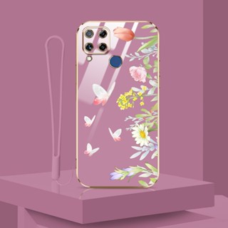 เคสโทรศัพท์มือถือ ลายดอกไม้ ผีเสื้อ พร้อมสายคล้อง หรูหรา สําหรับ OPPO Realme C15 C12 C25 C25S Realme Narzo 20 30A 50A