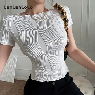 Lanlanlolo เสื้อยืดลําลอง แขนสั้น คอกลม เข้ารูป สีพื้น สําหรับสตรี 2023