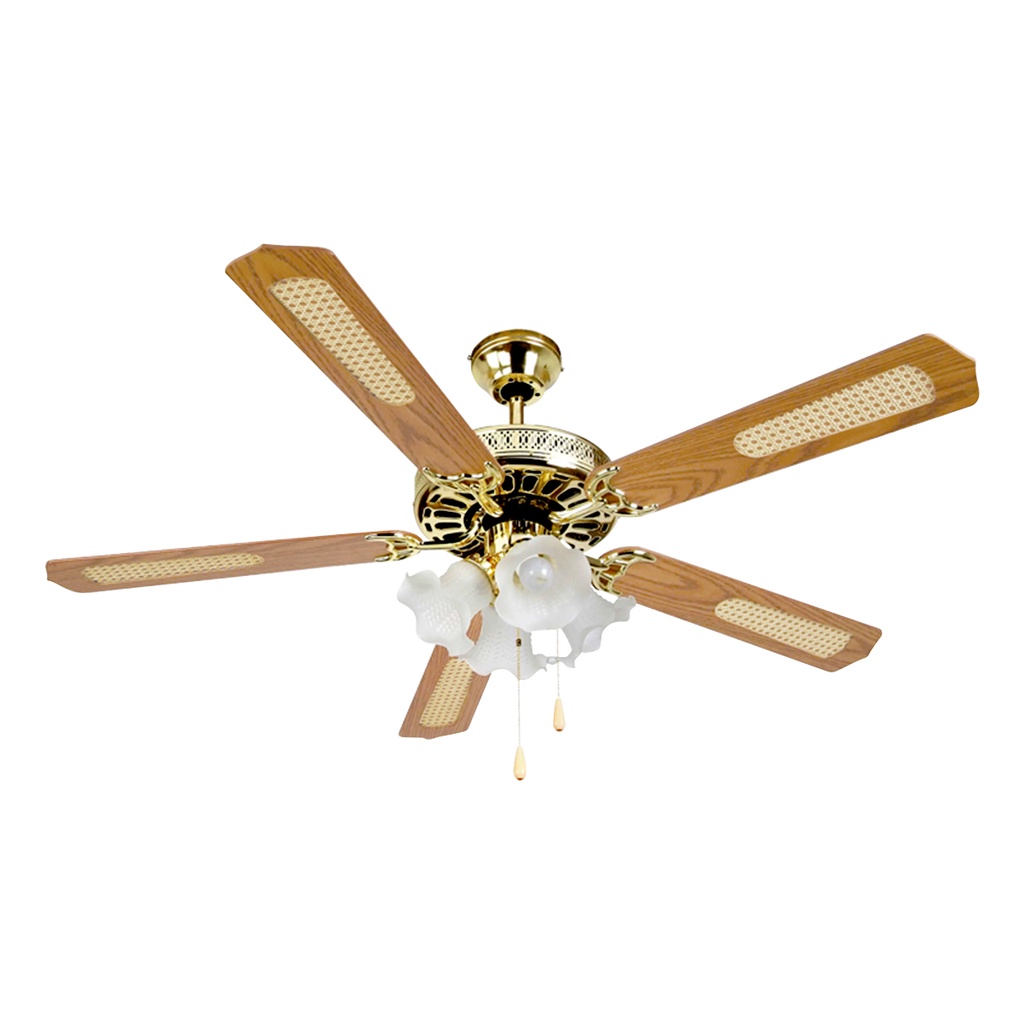 พัดลมโคมไฟพลายวู๊ด Exc WIN FAVOUR รุ่น A06P ขนาด 52 นิ้ว สีทอง - น้ำตาล