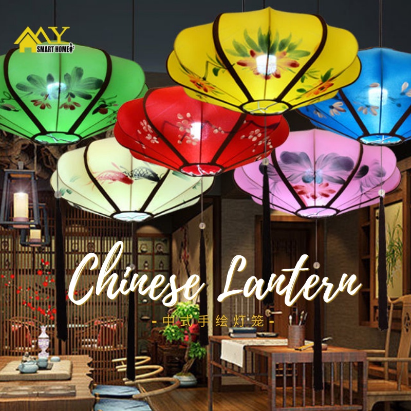 เทศกาลโคมไฟระย้าจีนวาดด้วยมือ โคมไฟแขวนผ้า ตกแต่งร้านอาหารสีสันสดใส การตกแต่งวันตรุษจีนแบบเบา