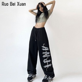 RUO BEI XUAN กางเกงกีฬาลำลองผู้หญิงใหม่สไตล์เกาหลีแนวสตรีทสไตล์รูดกางเกงพิมพ์ลาย