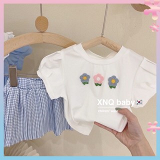 Childrens clothing 2022 summer clothing girls western style plaid suit childrens floral top short skirt two-piece suit fashionable all-match Fashion
