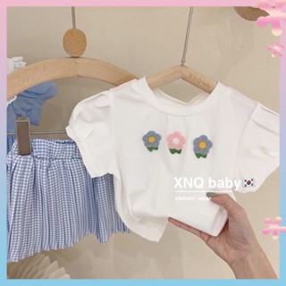 Childrens clothing 2022 summer clothing girls western style plaid suit childrens floral top short skirt two-piece suit fashionable all-match Fashion