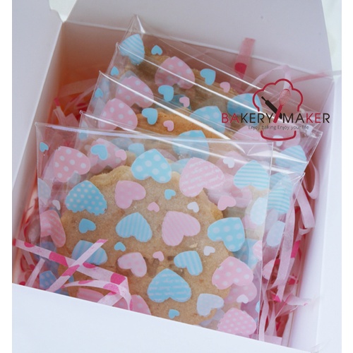 ถุงฝากาว ลายหัวใจ ชมพูฟ้า 2 ขนาด แพค 50 ใบ / ถุงคุกกี้ ขนม Valentine's day