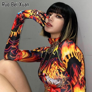 RUO BEI XUAN เสื้อยืดสตรีแฟชั่นคอกลมผ้าสวมหัวสะดือบางพิมพ์ลายด้านบน