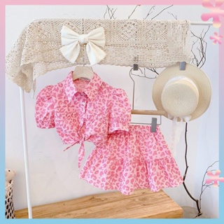 Girls summer leopard print suit 2022 new western style Korean style childrens short-sleeved shirt short skirt two-piece set baby