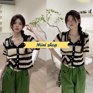 Mini shop🌸พร้อมส่ง🌸 (022) เสื้อถักไหมพรม คอปกแขนสั้น ลายทืางน่ารักเกาหลีๆ