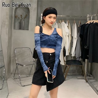 RUO BEI XUAN เสื้อยืดแขนยาวผู้หญิง 2023 ใหม่สไตล์เกาหลีแฟชั่นเปิดไหล่แขนยาว